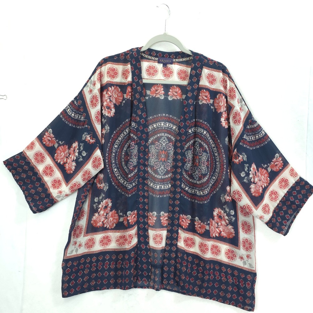Artesia Kimono Wrap Mandala Floral Navy Blue Women L Bohemian Beachy Festive